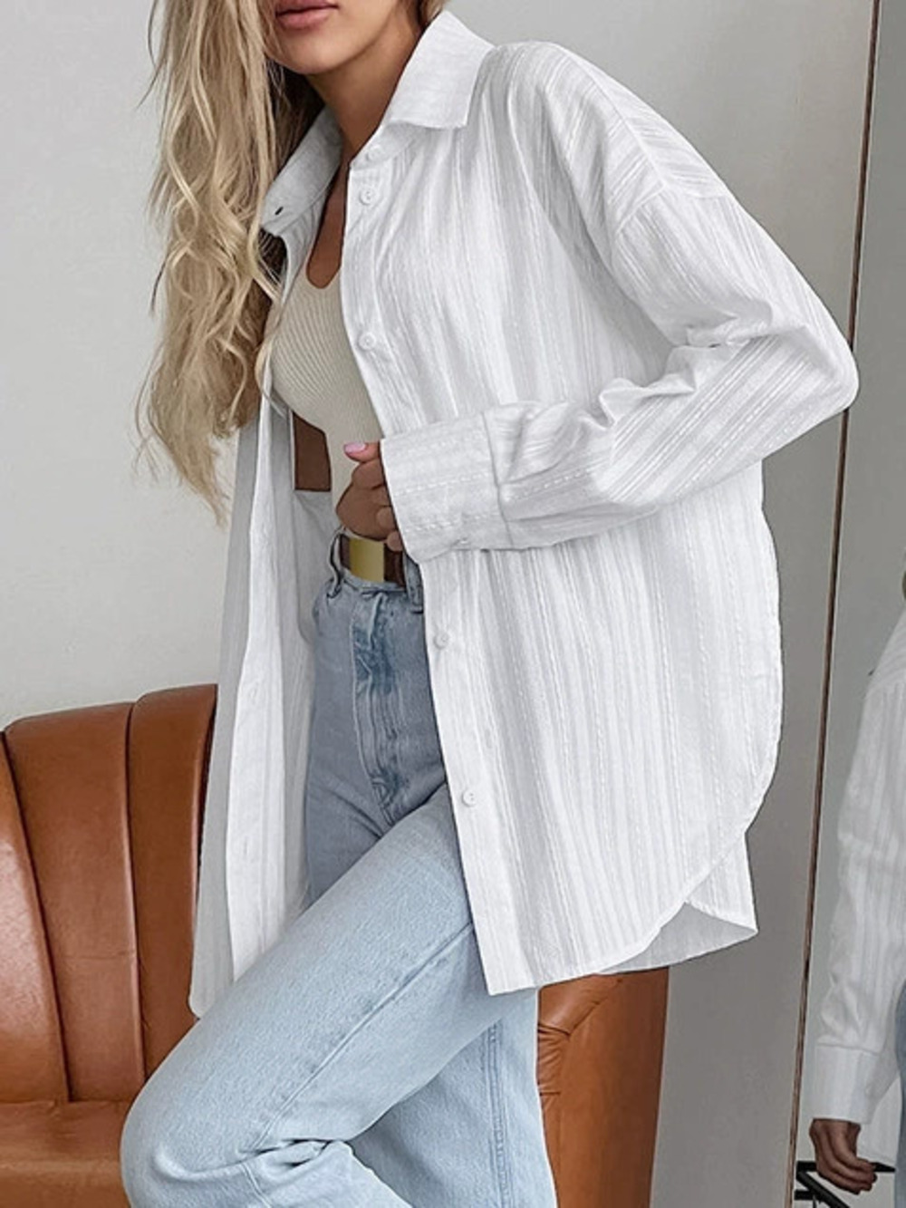 Forever 21 White Cotton Jacquard Turn Down Collar Loose Casual Blouse Fall